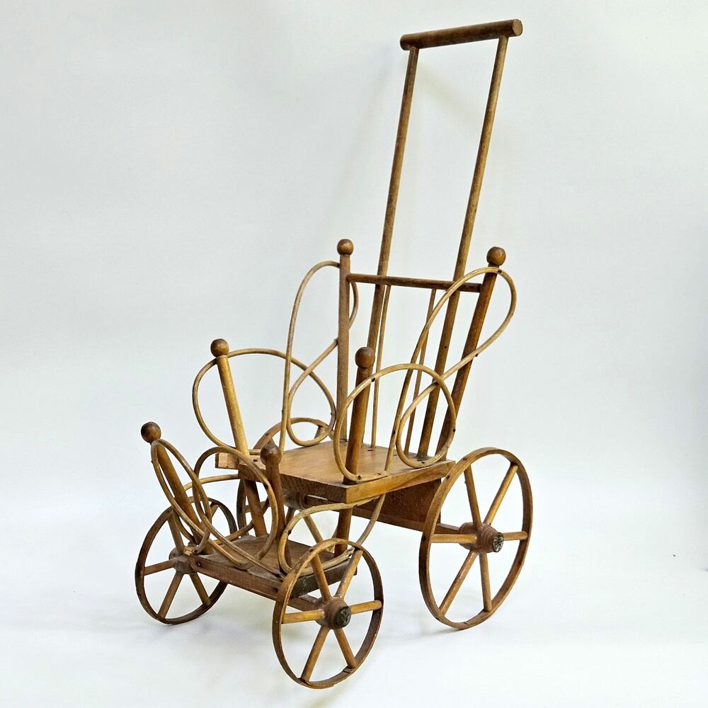 Antique Victorian Handmade Bentwood Doll Push Chair Stroller Circa 1900